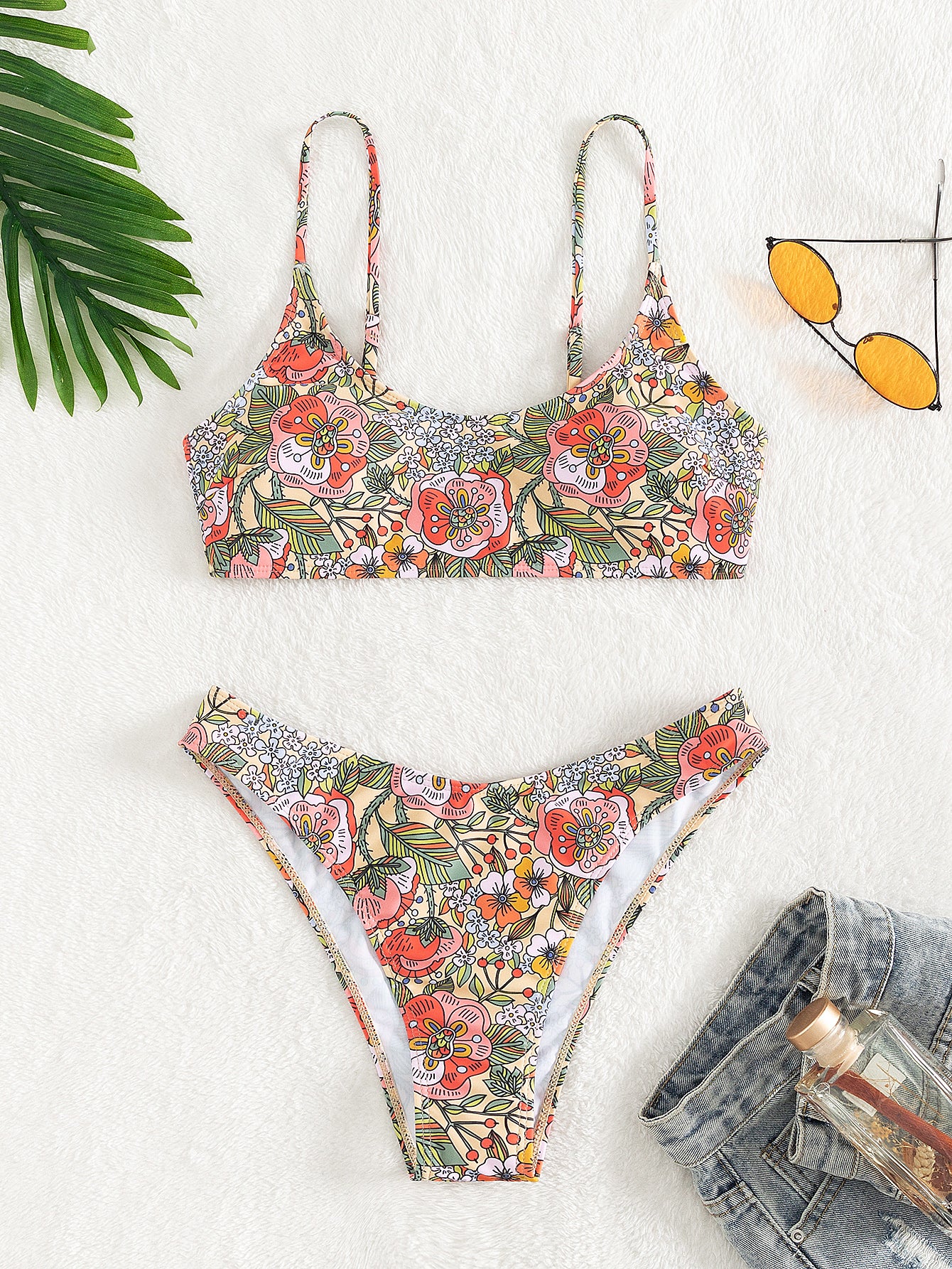 Traje de baño de bikini sexy con escote en V profundo y cintura alta para mujer