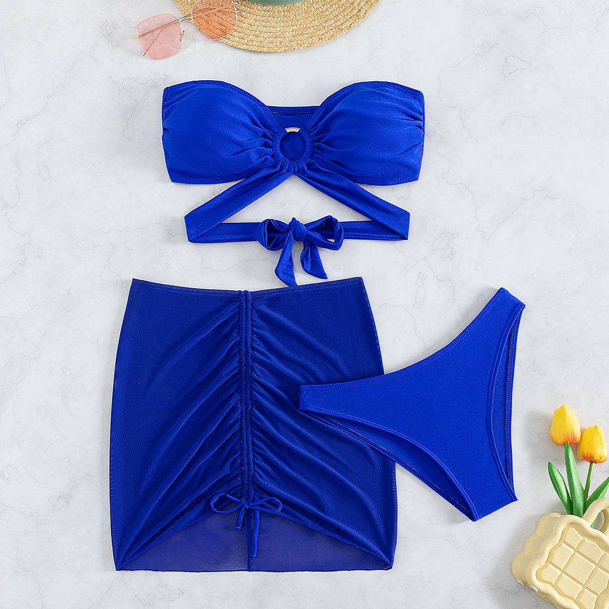 Bikini sexy con parte superior de tubo para mujer, traje de baño de tres piezas dividido