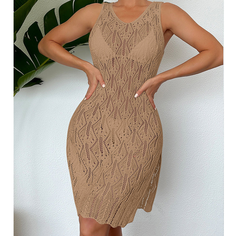 Women Mid Length Sexy Cutout Solid Color Vest Dress Side Slit Beach Dress Crochet hook