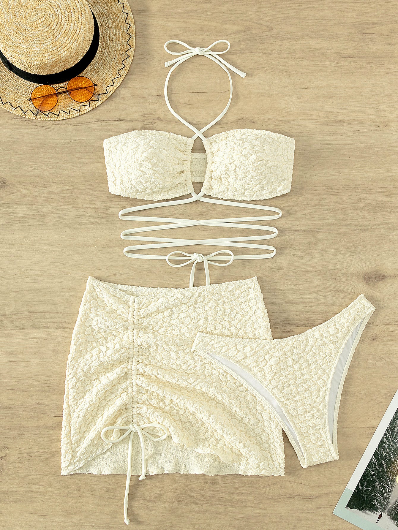 Traje de baño Bikini sexy de tres piezas con tirantes tipo halter Bikini blanco Traje de baño