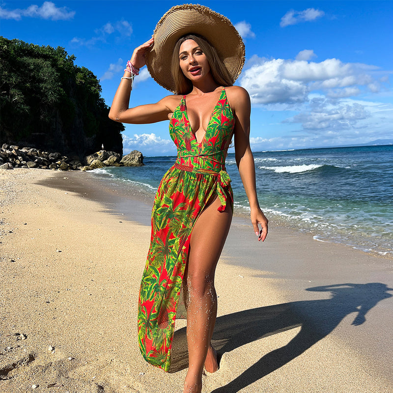 One Piece Swimsuit Women Sun Proof Pantskirt Two Piece Set Printed Beach Outerwear Swimsuit