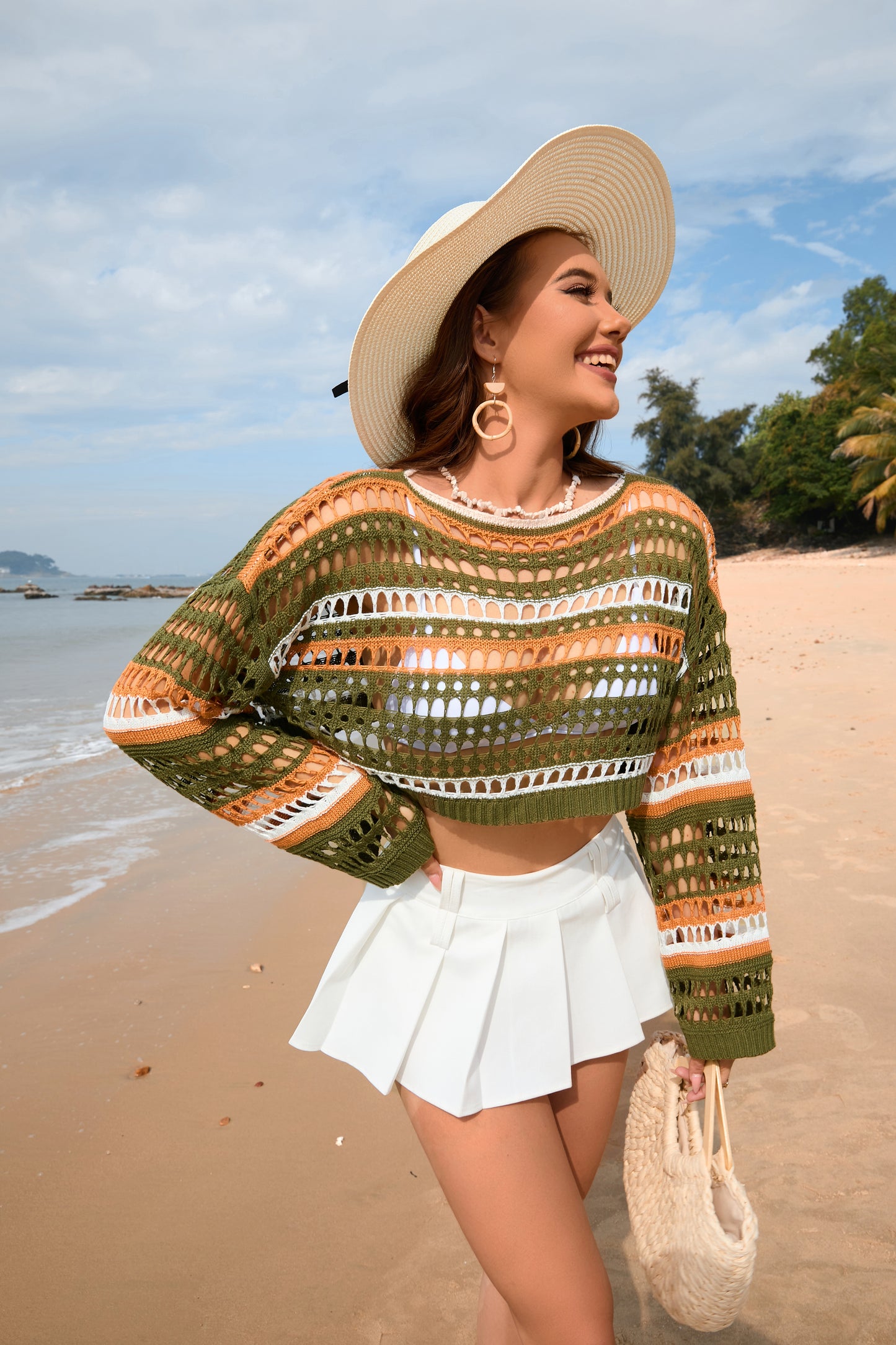 Spring Summer Women Hollow Out Cutout Striped Stitching Sexy Pullover Women Knitwear