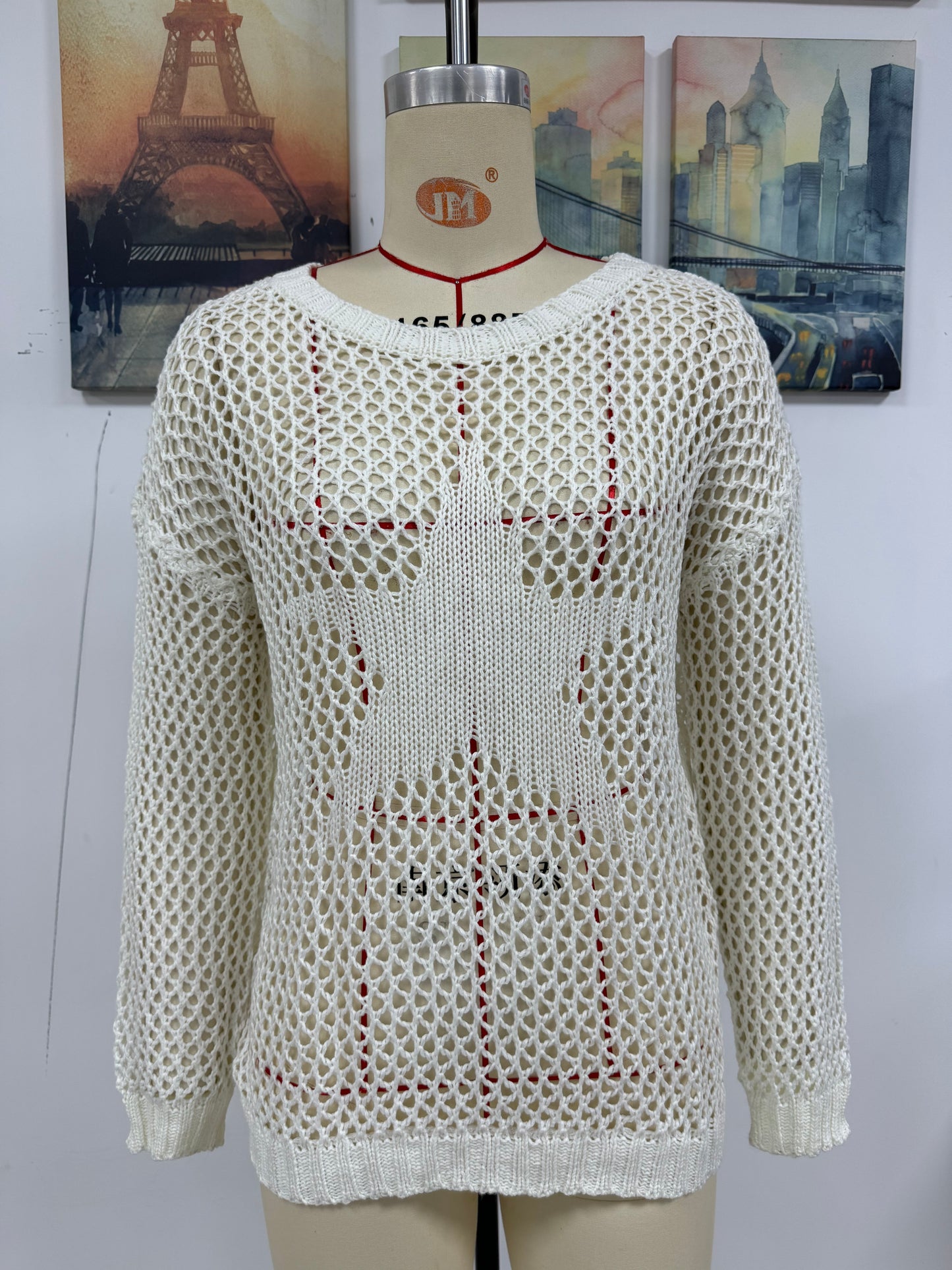 Jersey de verano para mujer, cuello redondo, estrella de cinco puntas, sexy, con recortes, tejido de punto