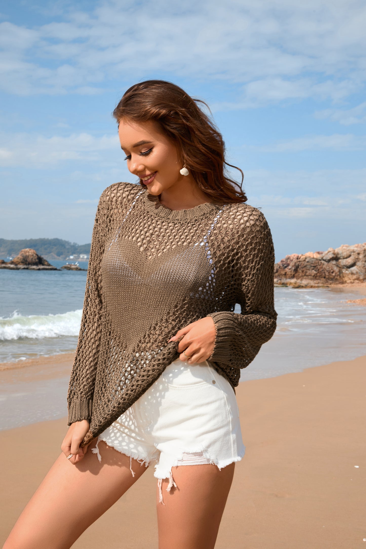 Summer Women Knitwear Round Neck Love Beach Cover Up Vacation Solid Color Women Knitwear