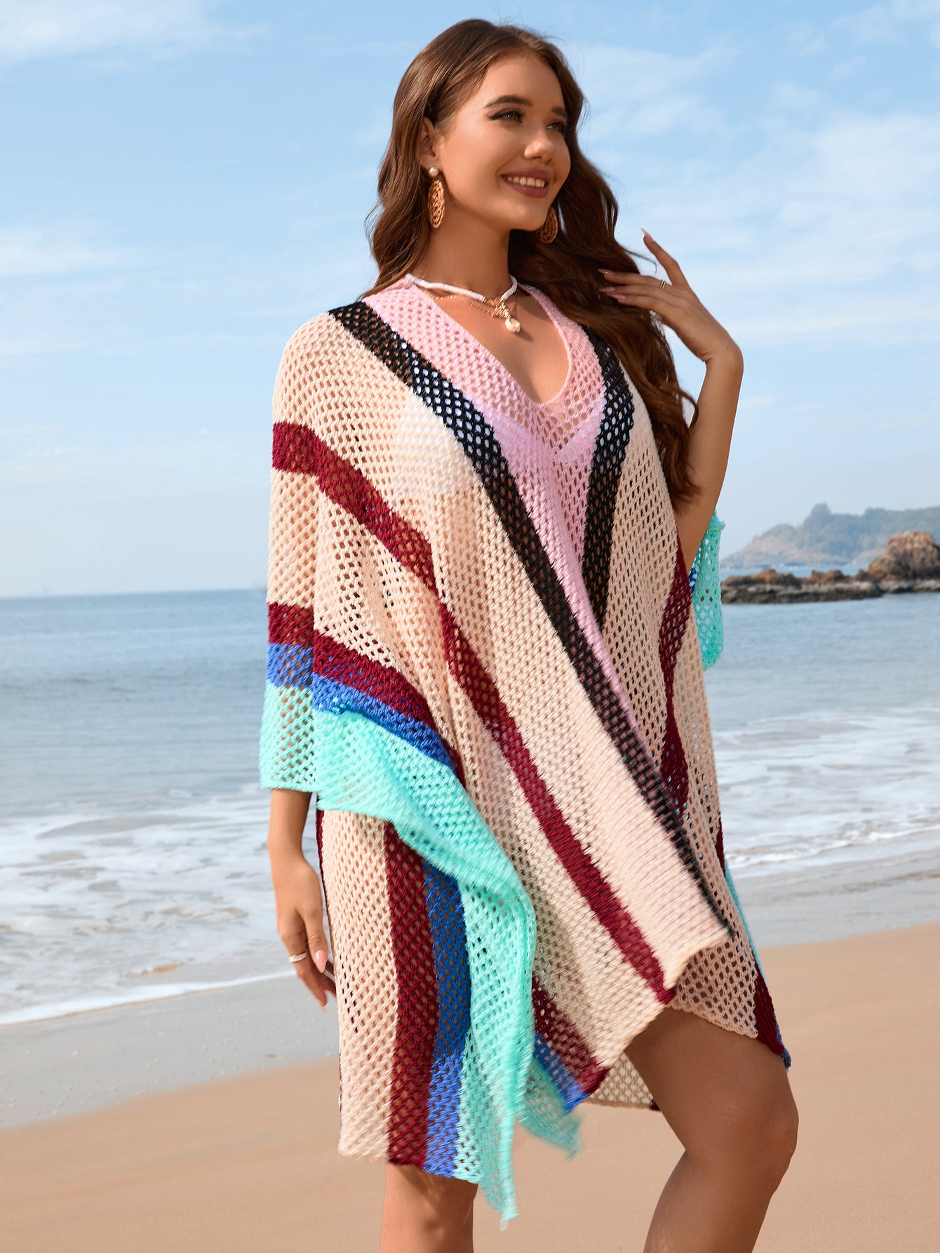 Spring Summer Arrival Women Patchwork Hollow Out Cutout Beach Dress Loose plus Size Beach Cover Up Women