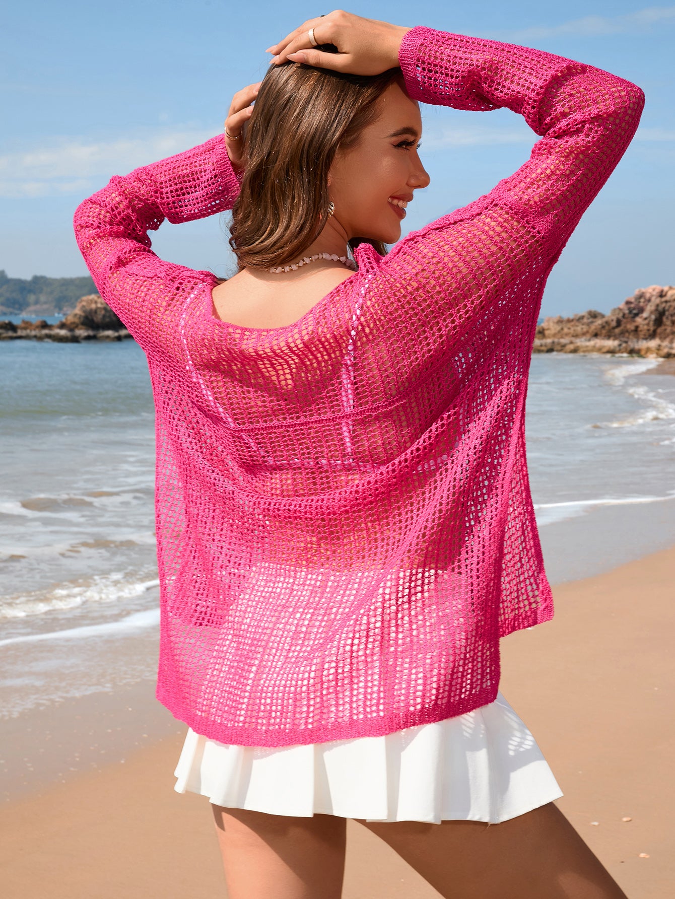 Blusa de primavera y verano de color liso con manga larga de punto para vacaciones, prenda de punto para mujer