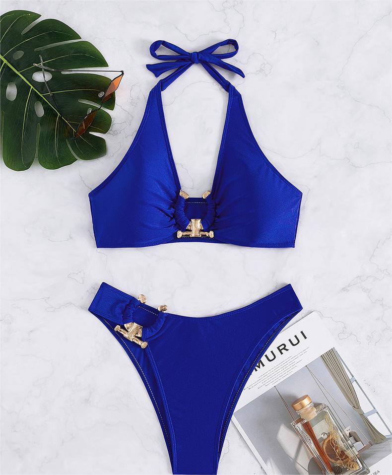 Maillot de bain sexy fendu avec accessoires métalliques, bikini, couleur unie, haut tube, taille haute, pour femmes