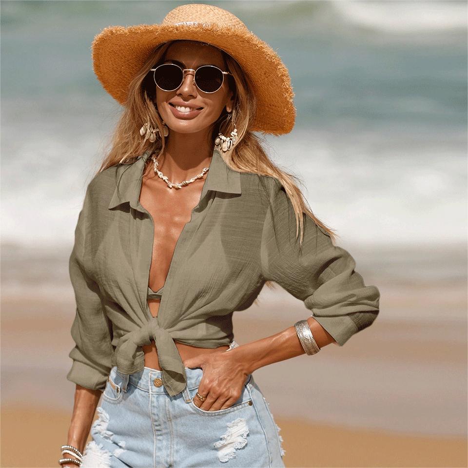 Ropa de playa de verano con protección solar, bikini, cárdigan corto, blusa de manga larga, camisa de protección solar para vacaciones para mujer