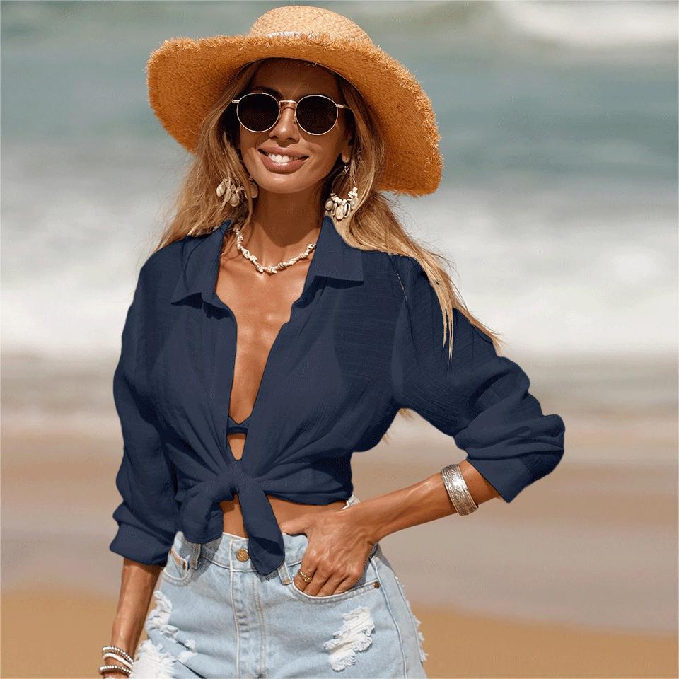 Ropa de playa de verano con protección solar, bikini, cárdigan corto, blusa de manga larga, camisa de protección solar para vacaciones para mujer