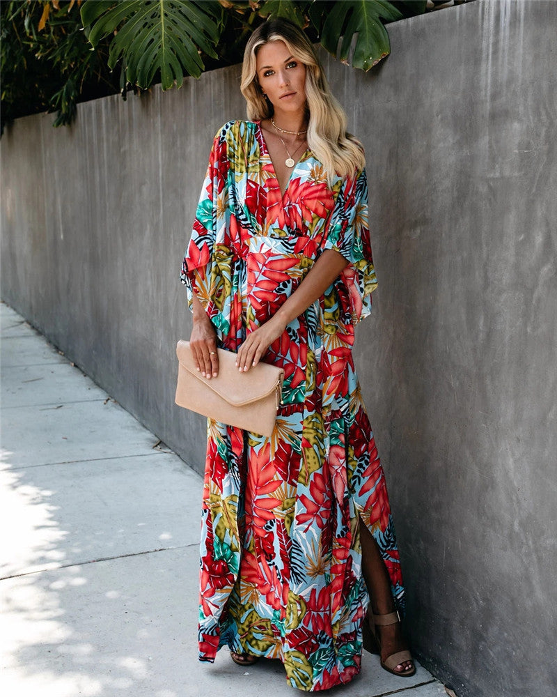Large Floral Beach Cover-up Vacation Sun Protection Shirt Robe Dress Beach Cover Up