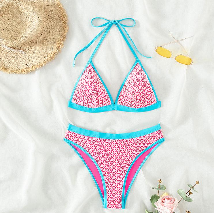 Bikini sexy para mujer, traje de baño de malla con cuello halter y color contrastante