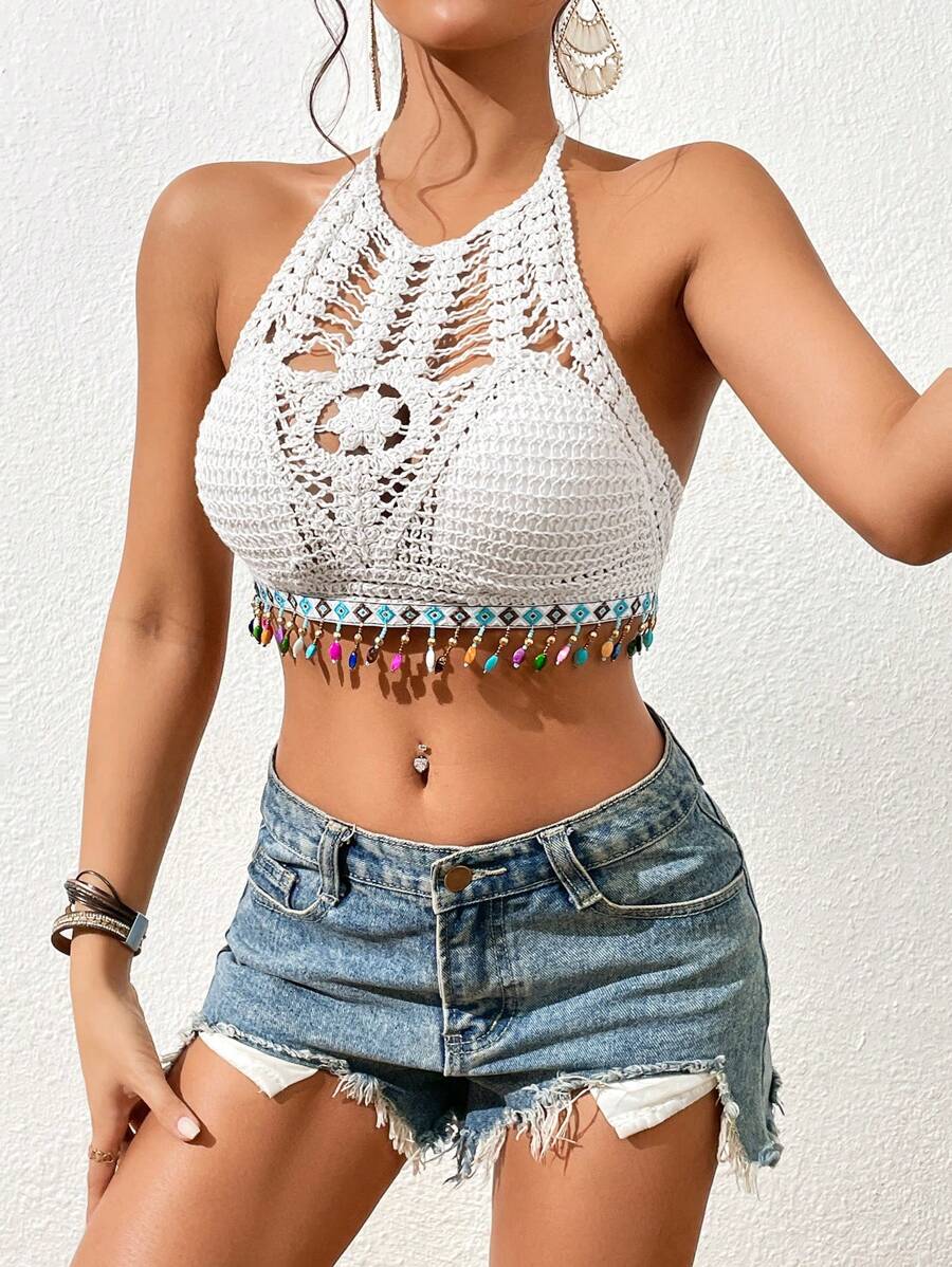 Summer Colorful Tassel Hanging Beads Crocheted Hollow Suspender Top Blouse Crochet hook