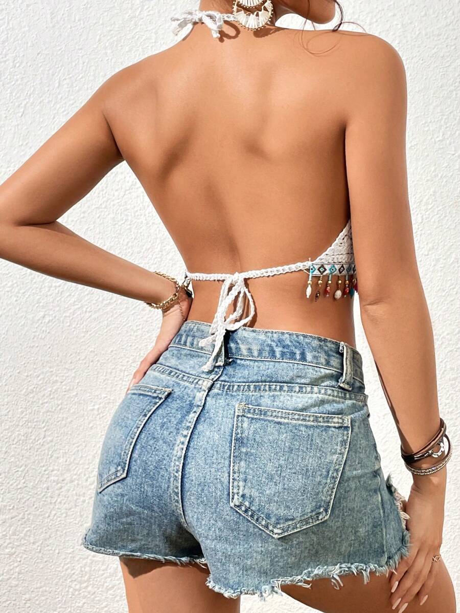 Summer Colorful Tassel Hanging Beads Crocheted Hollow Suspender Top Blouse Crochet hook