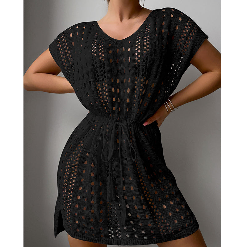 Women Clothes V Neck Hollow Out Cutout Drawstring Slit Sexy Beach Sun Protection Shirt Short Sleeve Loose Blouse Crochet hook