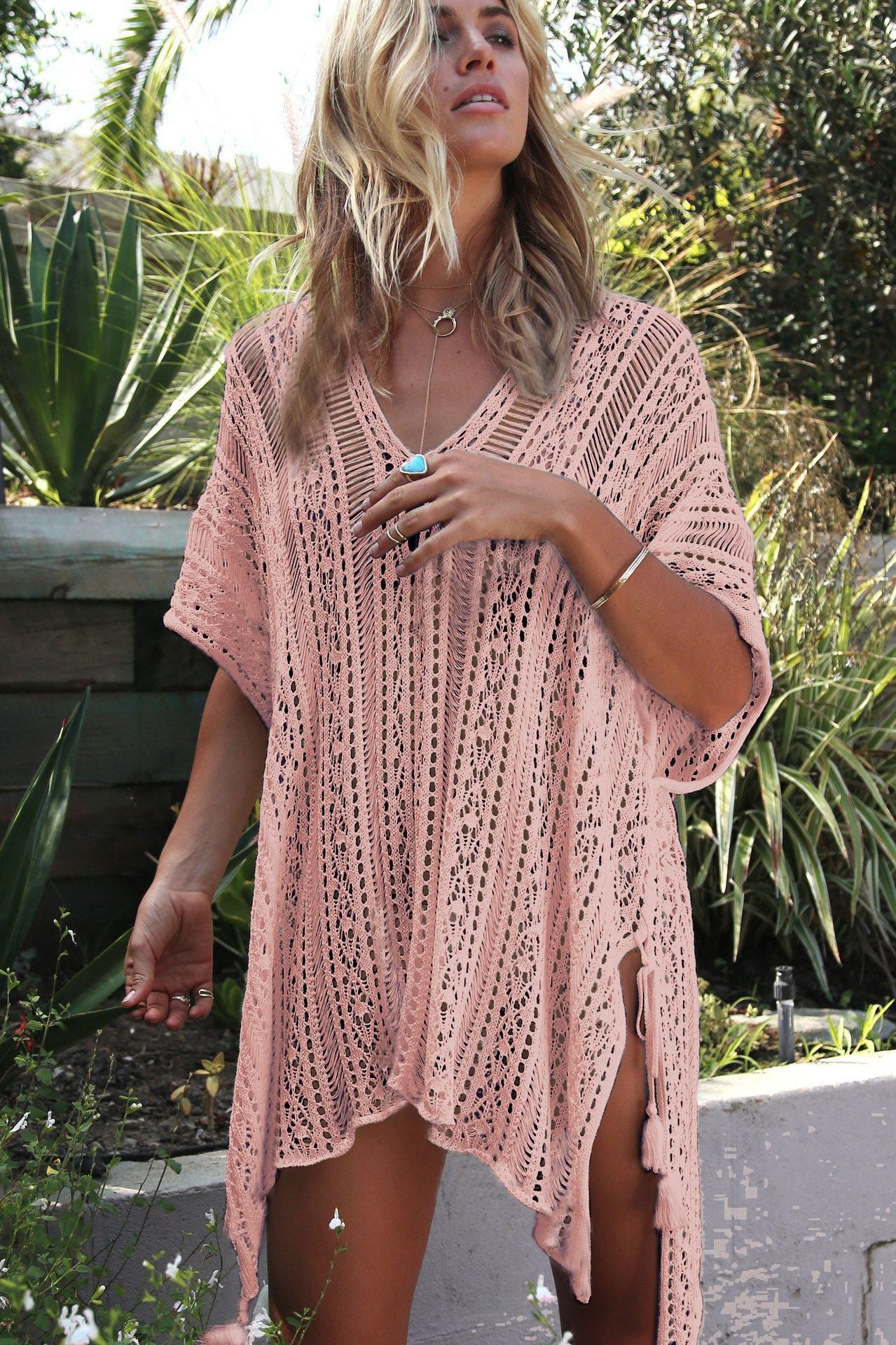 Hand Crocheting Hollow Out Cutout Beach Dress Knitted Women Sling Seaside Vacation Sexy Loose Bikini Beach Cover up
