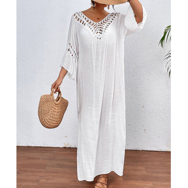 Women Hand Hook Stitching Colorful Ball Sexy Hollow Out Cutout Backless Loose Beach Long Cover Dress Crochet hook