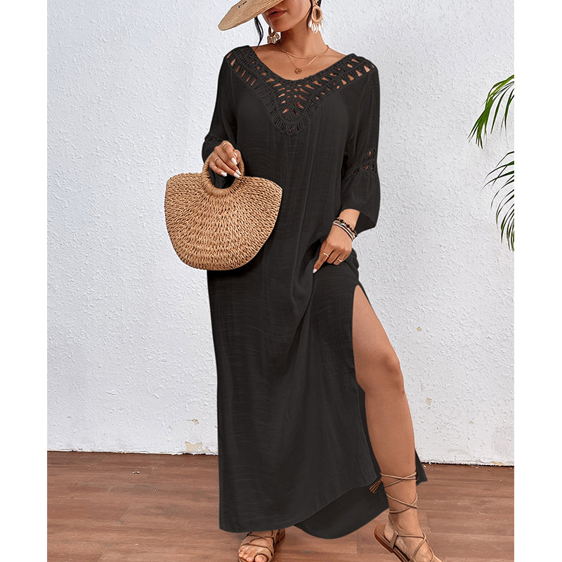Women Hand Hook Stitching Colorful Ball Sexy Hollow Out Cutout Backless Loose Beach Long Cover Dress Crochet hook
