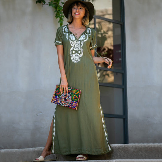 Rayon Army Green Short Sleeve Embroidered Beach Jacket Vacation Robe Beach Cover Up Outer Wear Dress Women