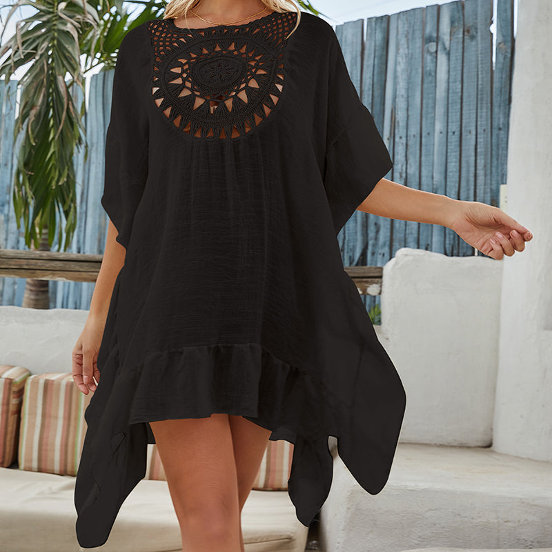 Women Clothes Vacation Hand Crocheting Stitching Solid Color Beach Cover up Sun Protection Sexy Loose Blouse Crochet hook