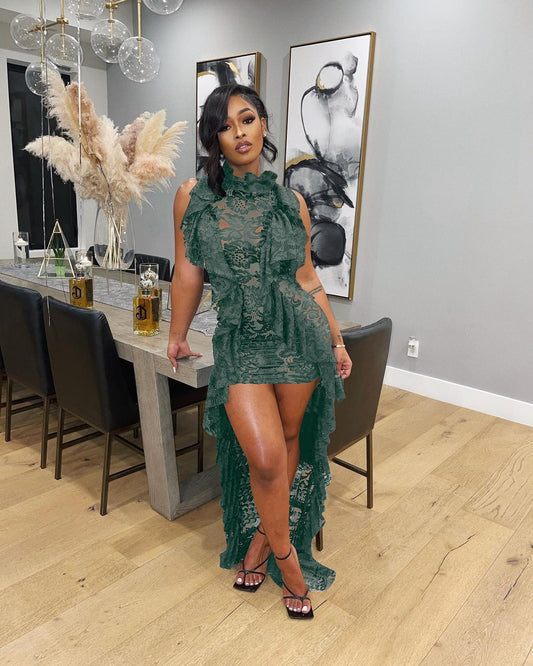 Vestido asimétrico irregular con cuello fruncido y encaje sin mangas para mujer