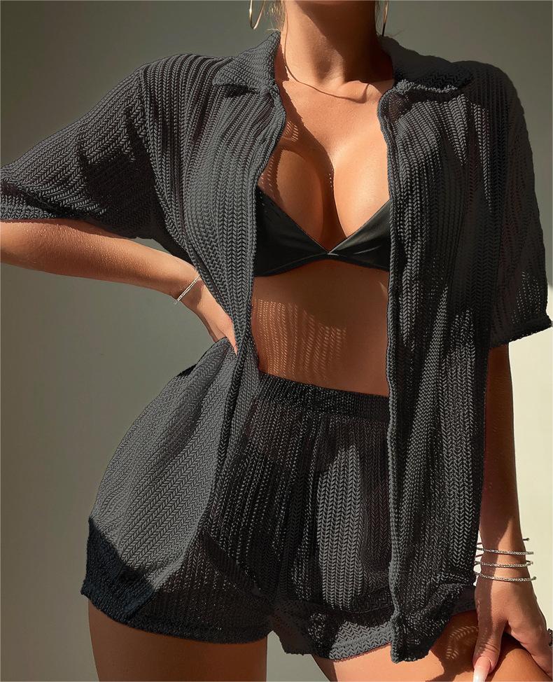 Blusa negra con aberturas, bóxer dividido, bikini, ropa de playa, blusa para mujer, traje de baño