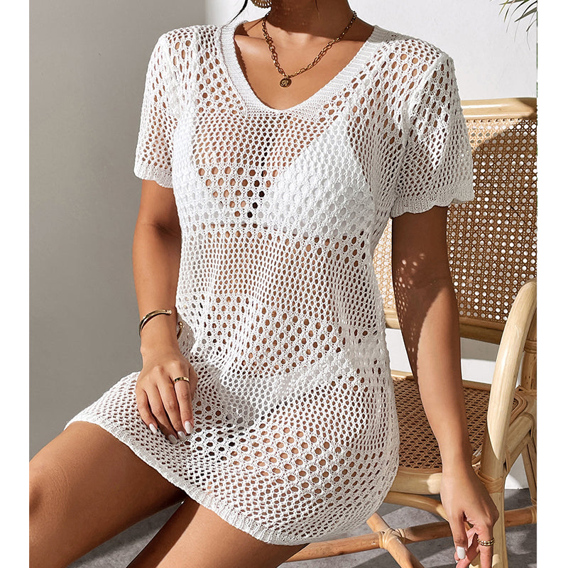 Women Clothes Sexy Cutout Short Sleeve Casual Bikini Cover Up Swimsuit Blouse Beach Sun Protection Shirt Crochet hook