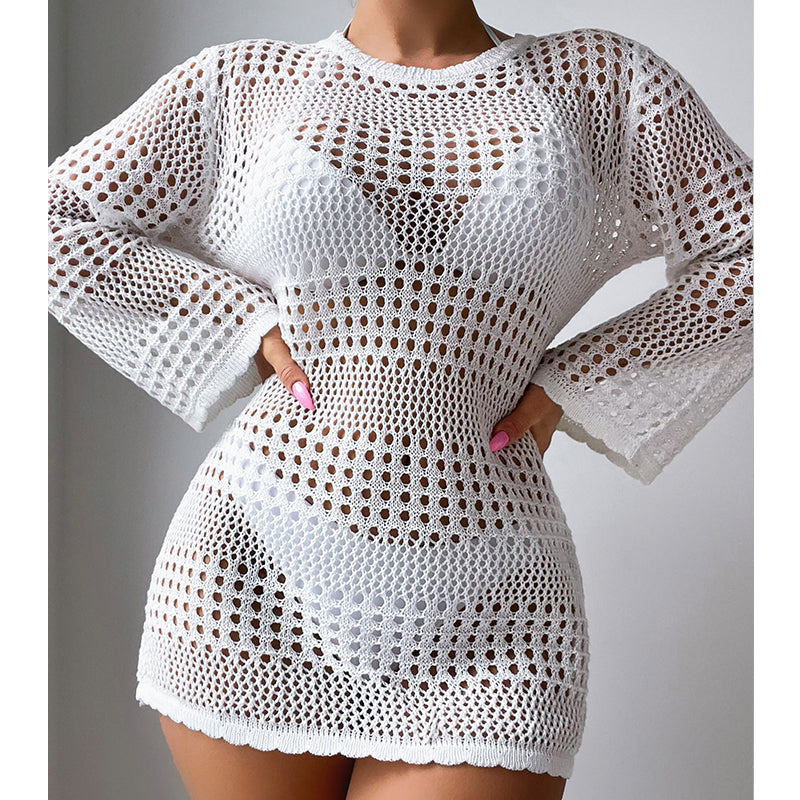Vacation Casual Hollow Out Cutout Out Long Sleeve Pullover Solid Color Sun Protection Shirt Mid Length Beach Cover Up Crochet hook