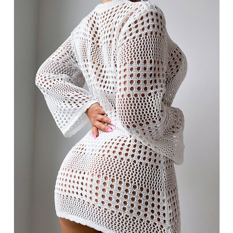 Vacation Casual Hollow Out Cutout Out Long Sleeve Pullover Solid Color Sun Protection Shirt Mid Length Beach Cover Up Crochet hook