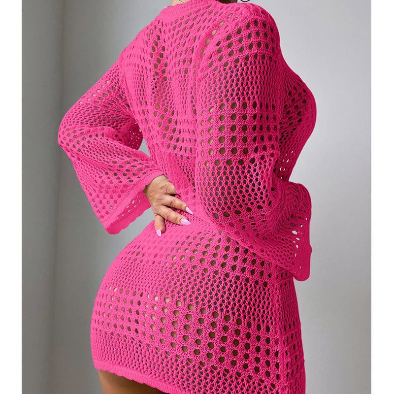 Vacation Casual Hollow Out Cutout Out Long Sleeve Pullover Solid Color Sun Protection Shirt Mid Length Beach Cover Up Crochet hook