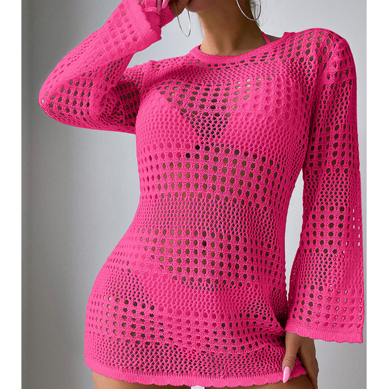 Vacation Casual Hollow Out Cutout Out Long Sleeve Pullover Solid Color Sun Protection Shirt Mid Length Beach Cover Up Crochet hook