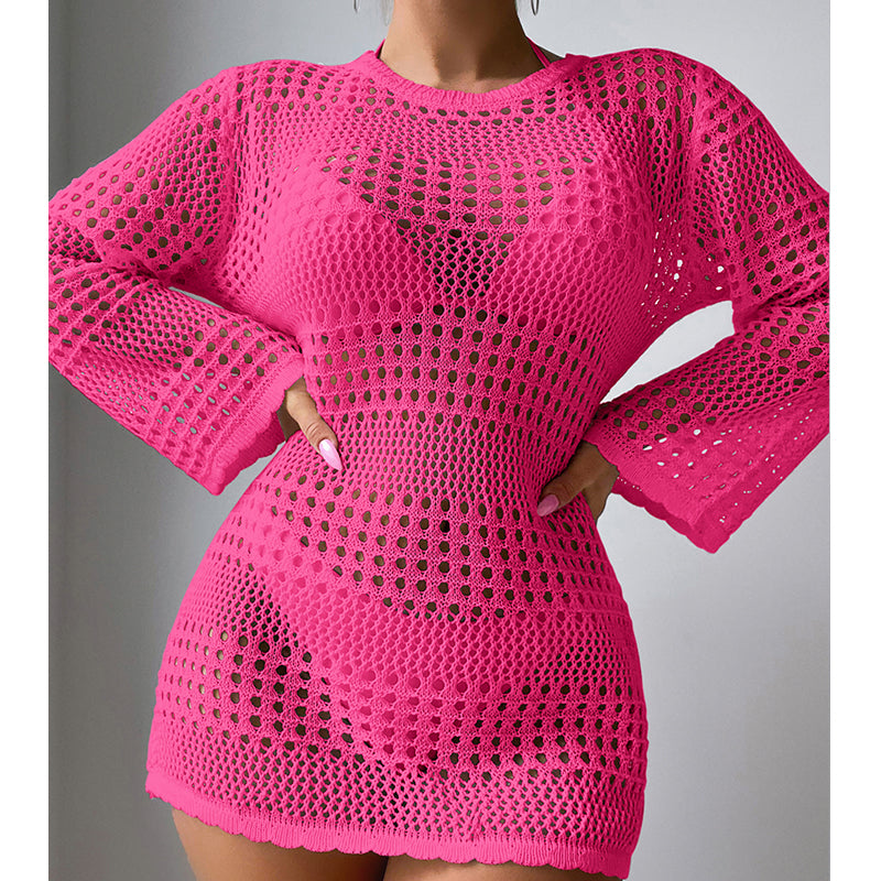 Vacation Casual Hollow Out Cutout Out Long Sleeve Pullover Solid Color Sun Protection Shirt Mid Length Beach Cover Up Crochet hook