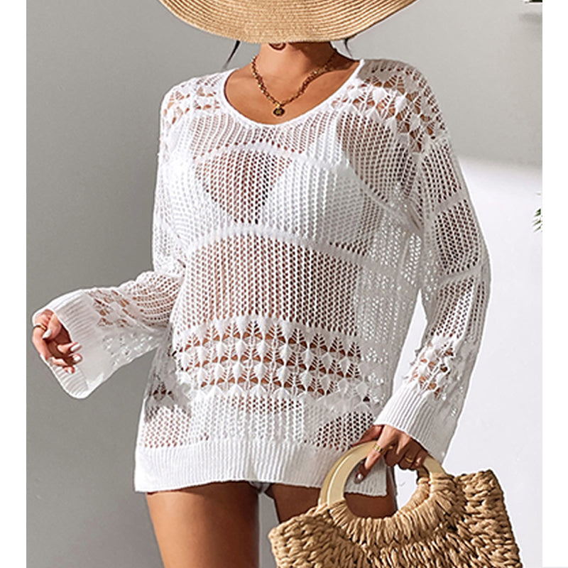 Holiday Sexy Hollow Out Cutout Texture Loose Pullover Sun Protection Shirt Mid Length Beach Blouse Crochet hook