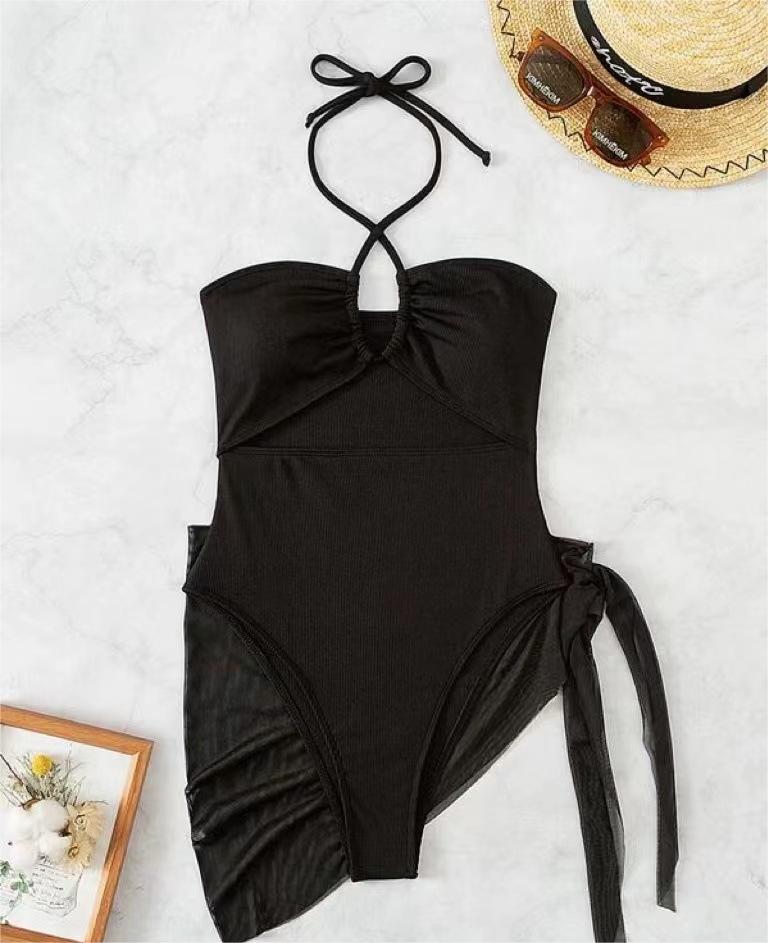 Bikini de una pieza con estampado de triángulos para mujer, traje de baño de dos piezas con falda de malla y axilas pequeñas