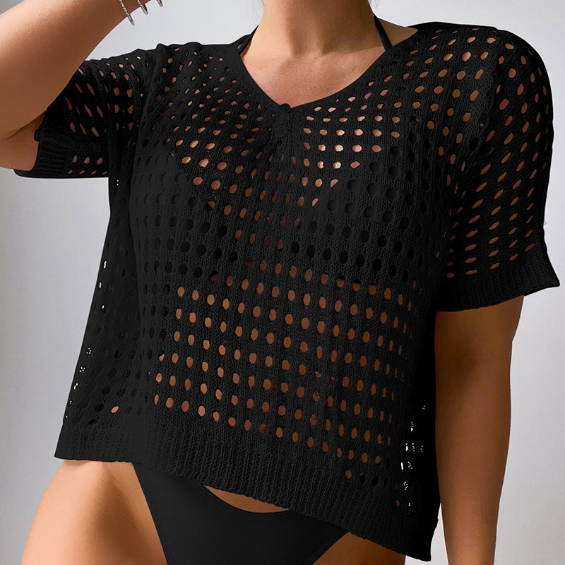 Women Hollow Out Cutout Neckline Button Loose Pullover Short Sleeve Woven Sexy Beach Blouse Crochet hook