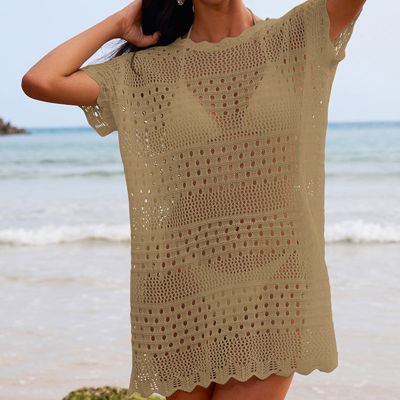 Sexy Hollow Out Cutout Texture Lace Collar Loose Pullover Mid Length Vacation Sun Protection Beach Blouse Crochet hook