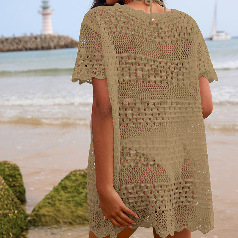 Sexy Hollow Out Cutout Texture Lace Collar Loose Pullover Mid Length Vacation Sun Protection Beach Blouse Crochet hook