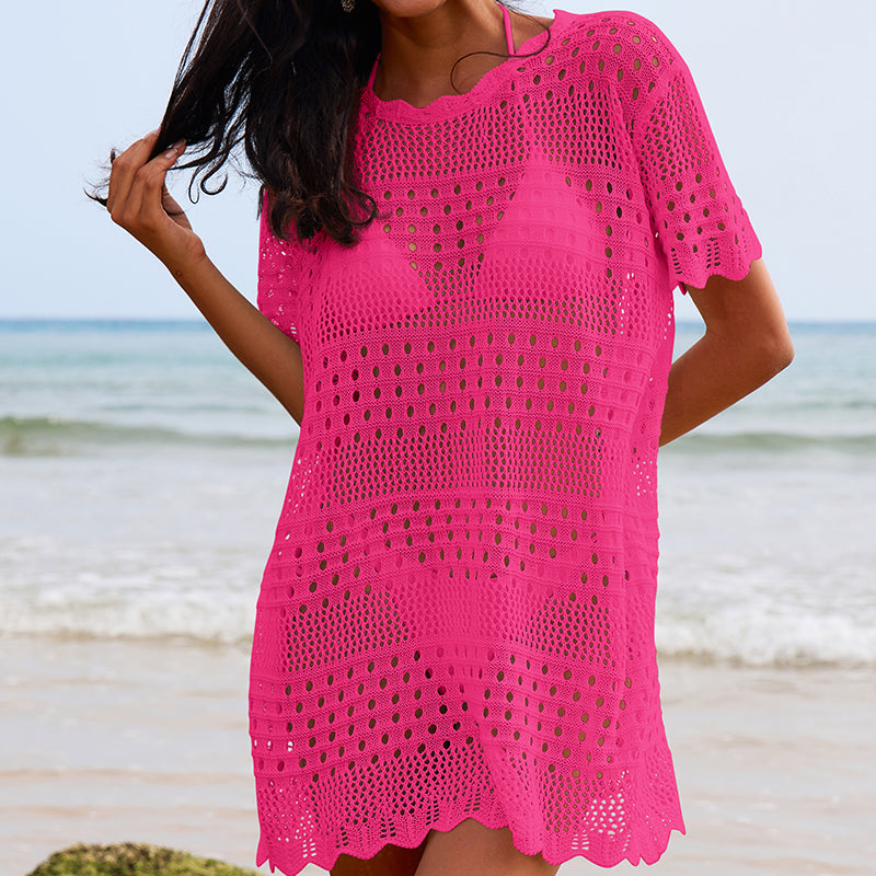 Sexy Hollow Out Cutout Texture Lace Collar Loose Pullover Mid Length Vacation Sun Protection Beach Blouse Crochet hook
