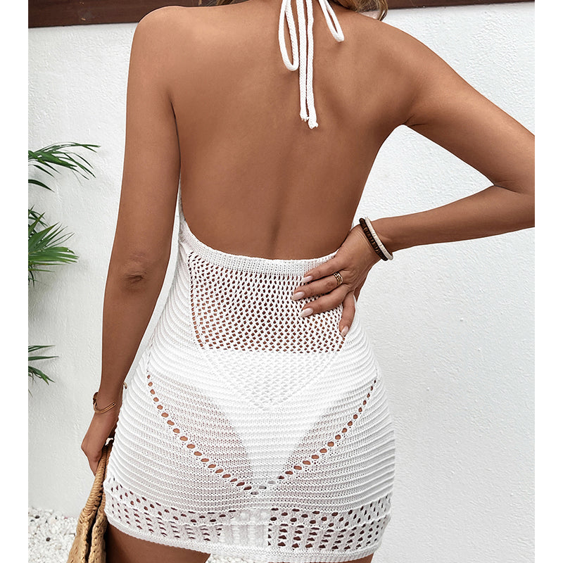 Halter Lace Up Hollow Out Cutout Out Texture Sexy Big Backless Deep U Neck Beach Dress Crochet hook