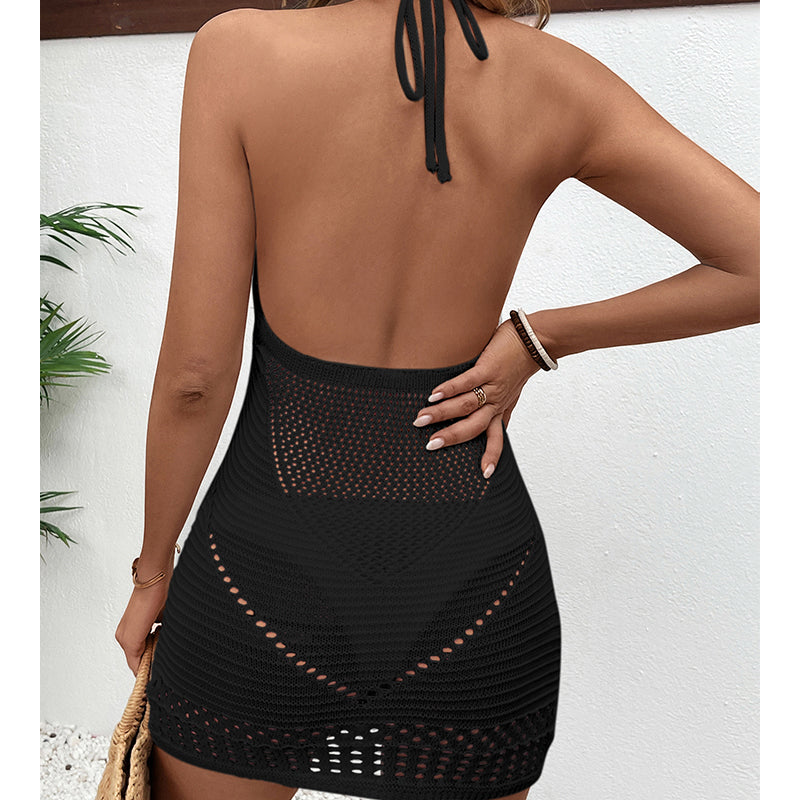 Halter Lace Up Hollow Out Cutout Out Texture Sexy Big Backless Deep U Neck Beach Dress Crochet hook