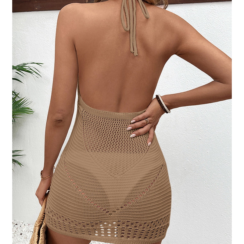 Halter Lace Up Hollow Out Cutout Out Texture Sexy Big Backless Deep U Neck Beach Dress Crochet hook