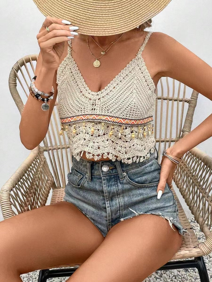 Women Hand Crocheted Halter Top With Fringe Hanging Beads Crochet hook