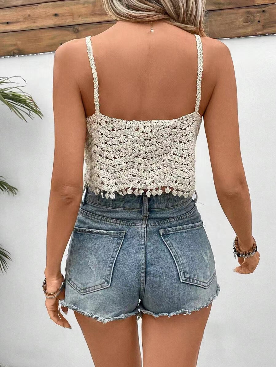 Women Hand Crocheted Halter Top With Fringe Hanging Beads Crochet hook