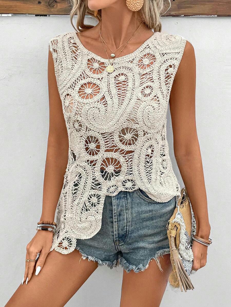 Women Hollow Solid Vest Short Asymmetric Top Crochet hook