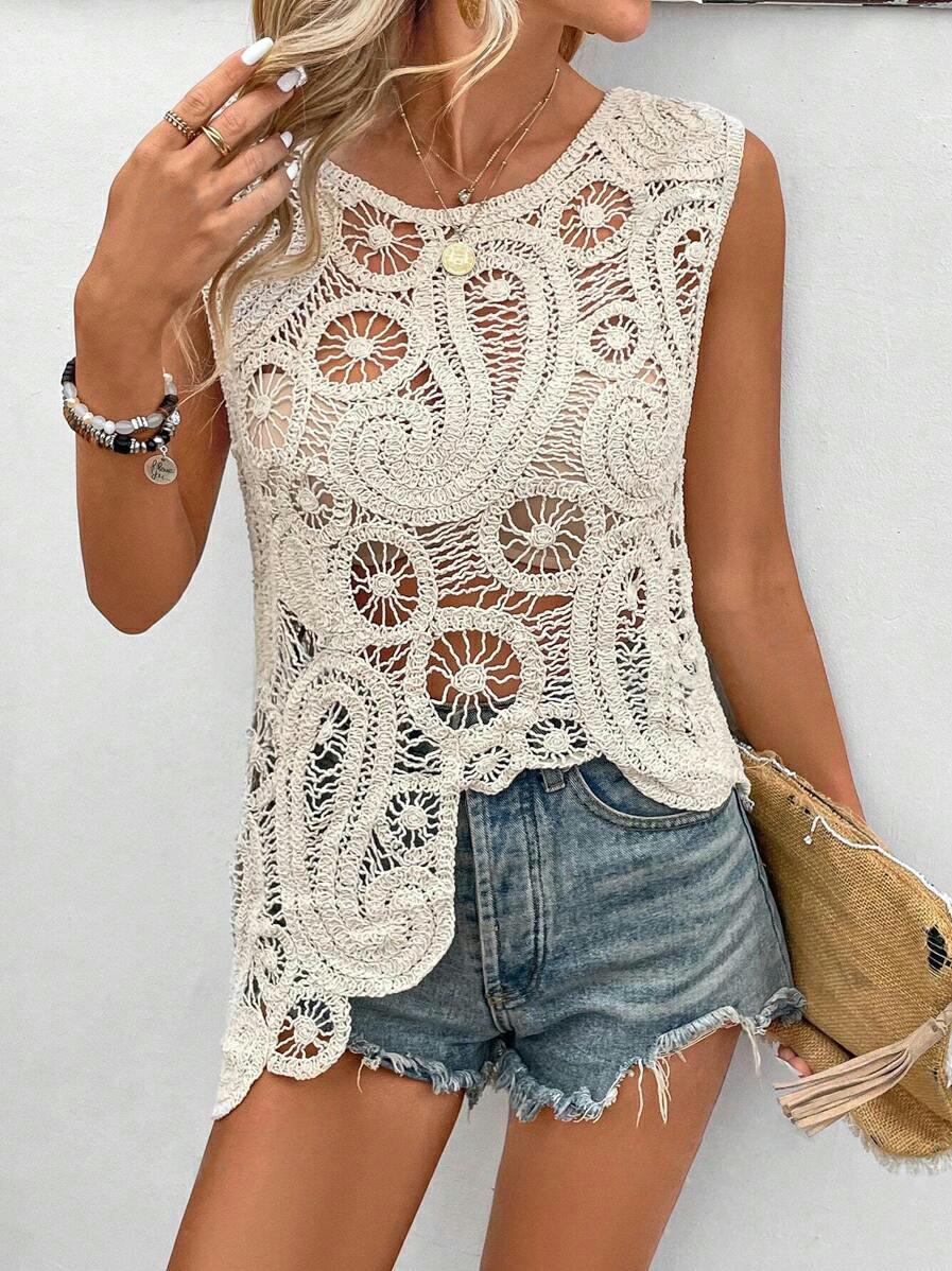 Women Hollow Solid Vest Short Asymmetric Top Crochet hook