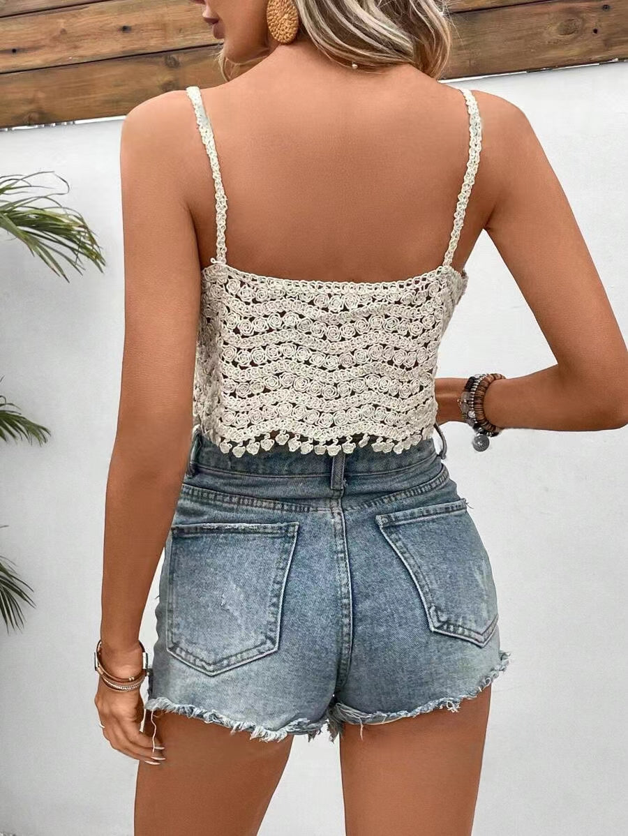 Hand Crocheted Openwork Suspender Top With Tassel Beads Crochet hook