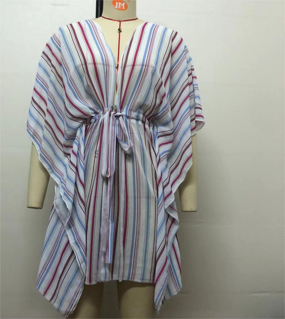 Popular Beach Cover Up Loose Striped Cardigan Bikini Strap Sun Protective Blouse Coverups