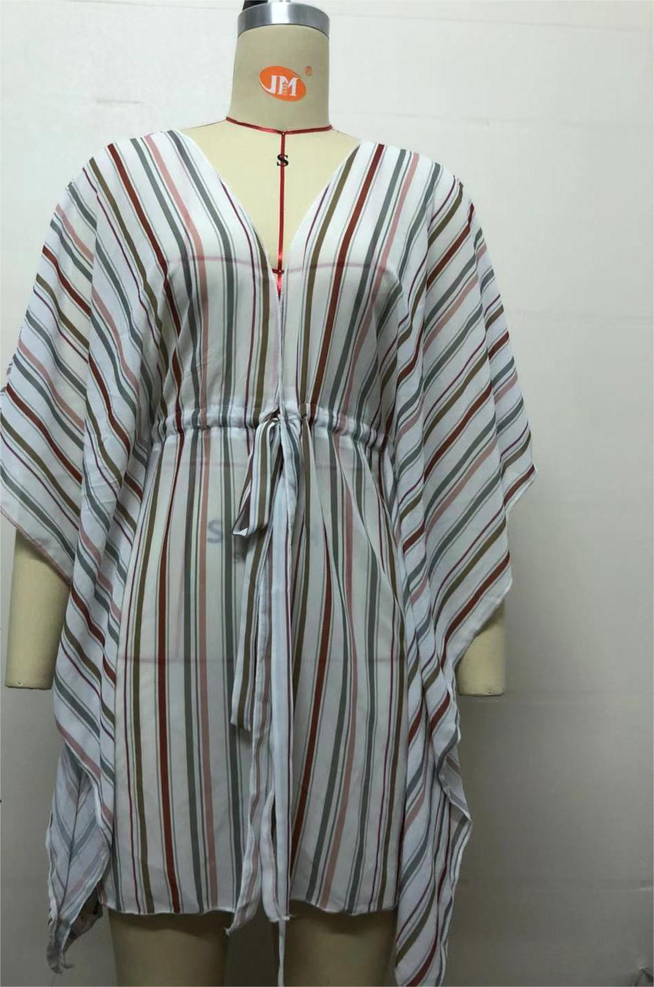 Popular Beach Cover Up Loose Striped Cardigan Bikini Strap Sun Protective Blouse Coverups