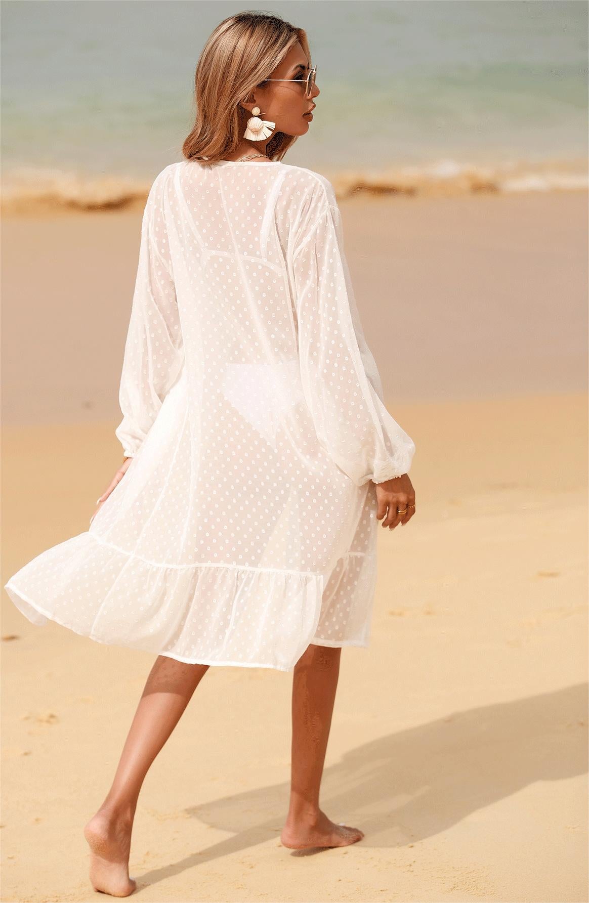 Summer Beach Dress Blouse Polka Dot Long Sleeve Bikini Sunscreen Chiffon Jacquard Cardigan Dress