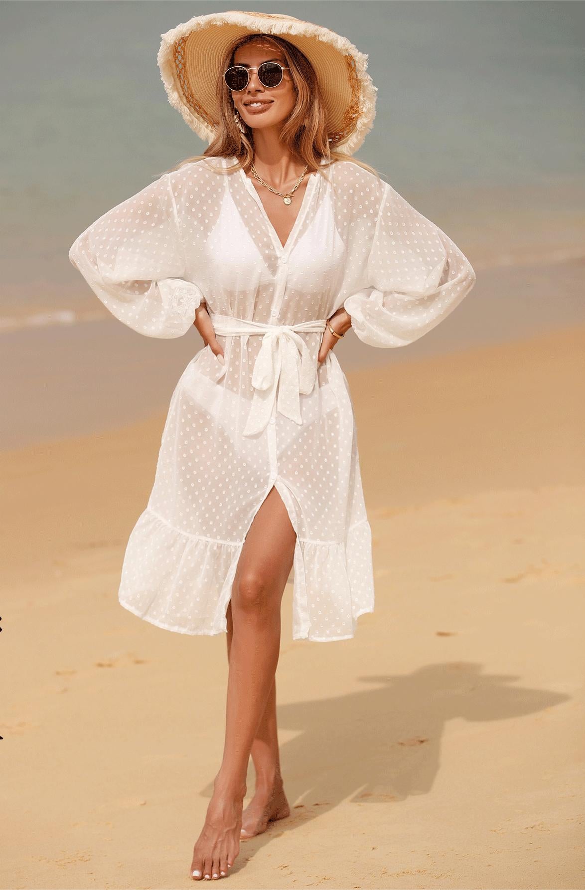 Summer Beach Dress Blouse Polka Dot Long Sleeve Bikini Sunscreen Chiffon Jacquard Cardigan Dress