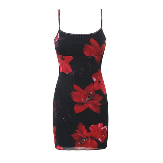 Vestido corto sexy de cintura alta ajustado con tirantes de encaje y malla con estampado floral de verano para mujer